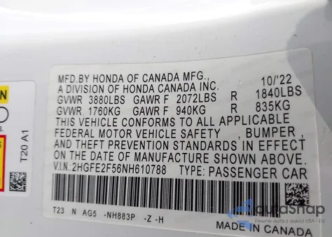 2022 Honda Civic Sport из США, поврежденный, VIN 2HGFE2F56NH610788